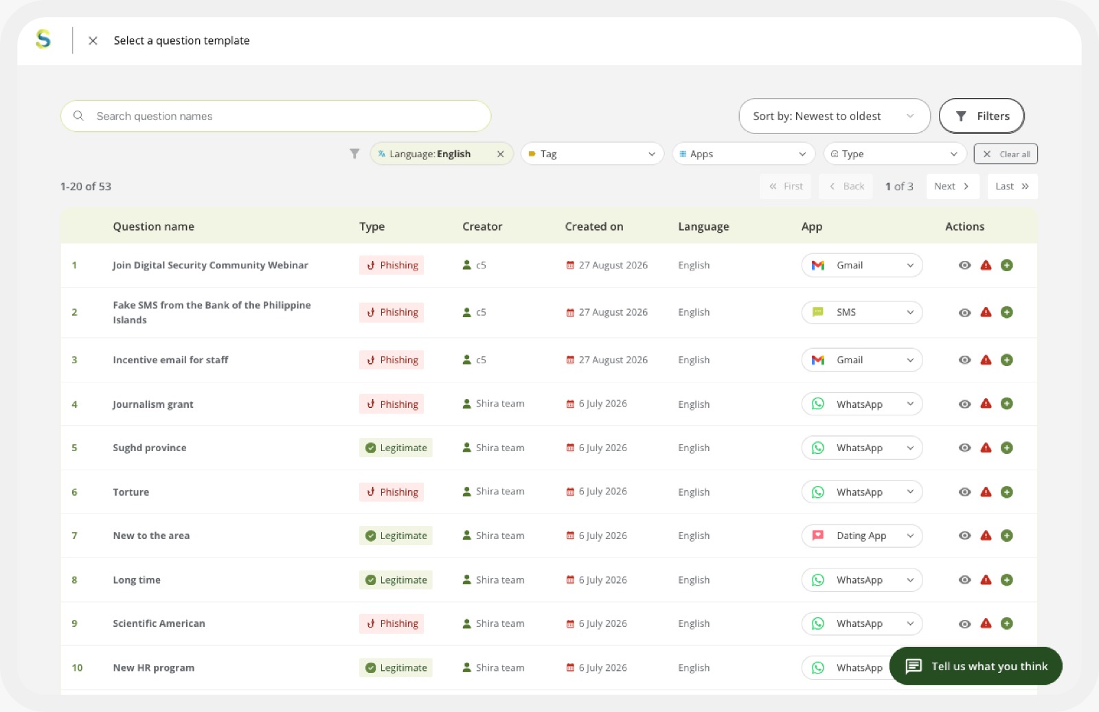 screenshot of the Create new question dialog in Shira