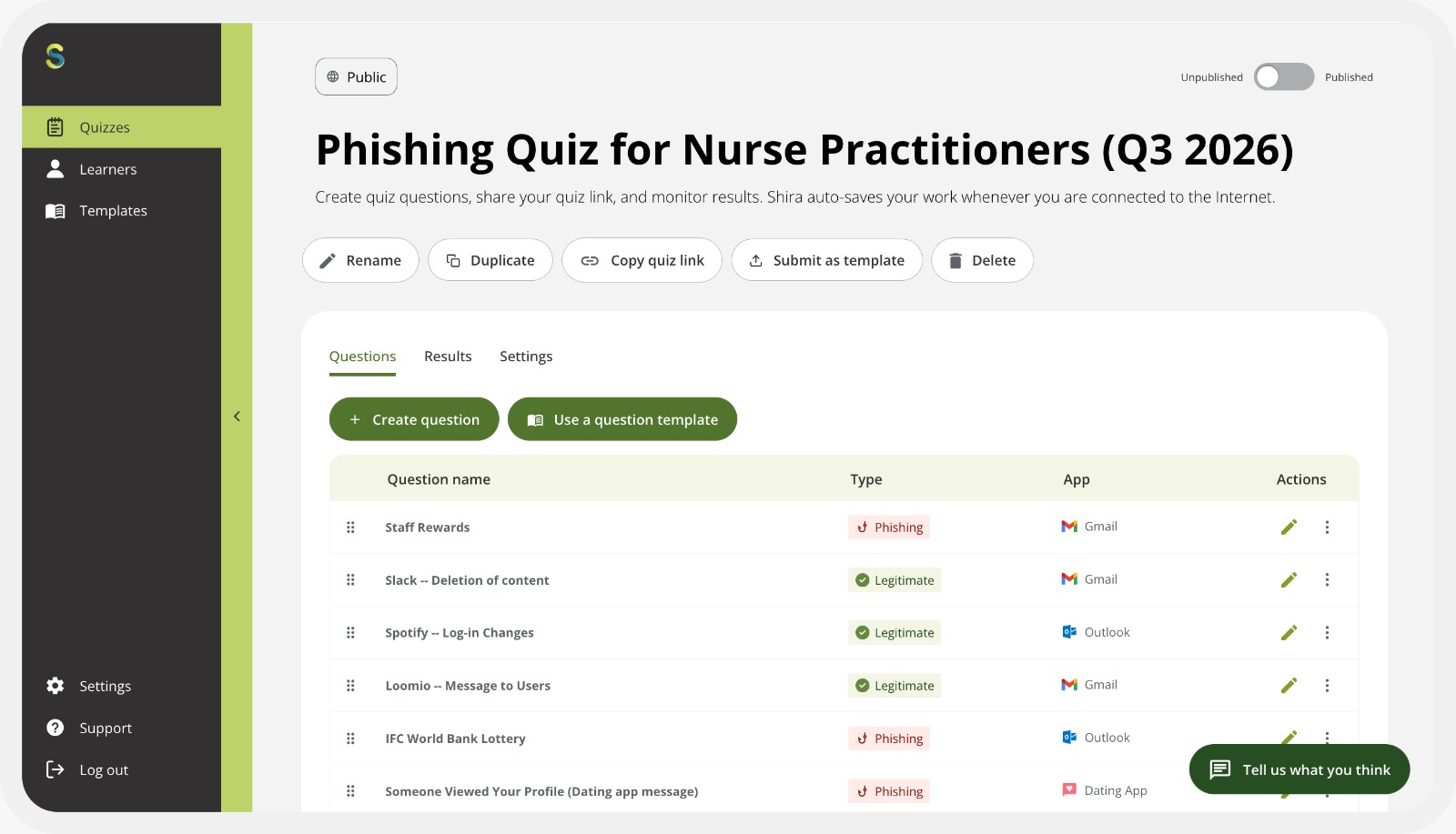screenshot of a Shira phishing quiz for nurse practitioners